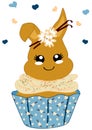 Cute vanilla cupcake with bunny in kawaii style.