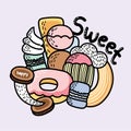 Cute various dessert in doodle style.Sweet hand drawn cartoon