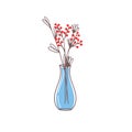 Cute vase with beautiful twigs and berries. Hand-drawn flat vector illustration. The bouquet with branches on white