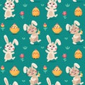 Cute vecor Easter spring seamless pattern with Bunnies and Chickens. Happy Easter seamless pattern.