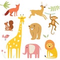 Cute vector animals walk in the forest between plants