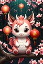 A cute vector art with adorable kawaii dragon, chinese red lampions, peach blossoms flower, digital anime style, fantasy Royalty Free Stock Photo