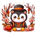 A cute vector art of penguin in chinese new year costums, with peach blossoms flower, red lampion, on white background, cartoon Royalty Free Stock Photo