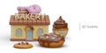 Cute vector bakery with cupcake, cookie, donut in frosting with sprinkles