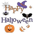 Cute vector banner illustrations Happy halloween. Cartoon bat hat spider with cobwebs Letters Angry and funny pumpkin