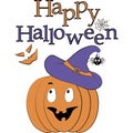 Cute vector banner illustrations Happy Halloween. Pumpkin with witch hat, spider web, spider, ghost eyes and smiles Royalty Free Stock Photo