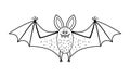 Cute vector black and white bat with spread wings. Halloween character icon. Autumn all saints eve illustration with flying animal