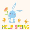 Vector spring easter card with flowers, bunny and chicken. Royalty Free Stock Photo