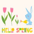 Vector spring easter card with flowers, bunny and chicken. Royalty Free Stock Photo