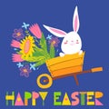 Vector spring easter card with flowers, bunny and chicken. Royalty Free Stock Photo