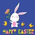 Vector spring easter card with flowers, bunny and chicken. Royalty Free Stock Photo