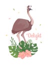 Cute vector card Emu. Australian ostrich on palm leaves, in flowers. Lettering and illustration in cartoon style.