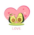 Cute vector cartoon avocado couple holding hands, Valentine`s day greeting card. Funny poster. .two avocado lovers on Royalty Free Stock Photo