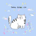 Cute vector cartoon kawaii cat with clouds, stars, heart, hand drawn imitation Royalty Free Stock Photo