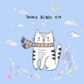 Cute vector cartoon kawaii cat with clouds, stars, heart, hand drawn imitation Royalty Free Stock Photo