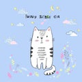 Cute vector cartoon kawaii cat with clouds, stars, heart, hand drawn imitation Royalty Free Stock Photo