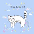 Cute vector cartoon kawaii cat with clouds, stars, heart, hand drawn imitation Royalty Free Stock Photo