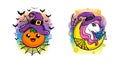 Cute vector cartoon unicorn witch and funny pumpkin, kawaii halloween characters