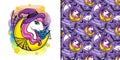 Cute vector cartoon unicorn witch and spider web, halloween character and seamless pattern Royalty Free Stock Photo