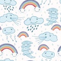 Cute vector cartoon weather clouds and rainbow Royalty Free Stock Photo