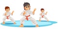 Cute vector character child . Illustration for martial art poster. Kid wearing kimono and karate training. Royalty Free Stock Photo