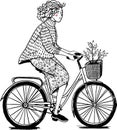 Cute vector character design on adult young woman riding bicycles. Stylish female hipsters on bicycle, side view