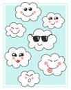 Cute vector clouds icons. Clouds cute emoji, emoticons faces set. Funny happy smiley clouds for your design. Royalty Free Stock Photo