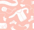 Cute vector collection of handmade clothes isolated on the pink background. Vector seamless pattern.