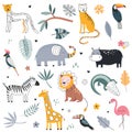 Cute vector collection of safari animals, elephant, dangerous alligator, wild cat, lion, flamingo, giraffe and tropical