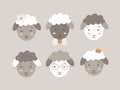 Cute vector collection of sheeps icons. Doodle set of lambs for children print. Hand drawn sheep head for kids Royalty Free Stock Photo