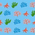 Cute vector colorful seamless pattern with red corals on blue background. Coral reef, shells, star fish. Royalty Free Stock Photo