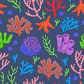 Cute vector colorful seamless pattern with red corals on dark background. Coral reef, shells, star fish. Royalty Free Stock Photo