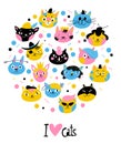 Cute vector design with characters of cats and kittens with I love you text. Royalty Free Stock Photo