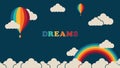 Cute vector design with hot air balloons and rainbow over the clouds