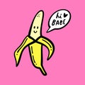 Cute vector doodle smiling funny groovy cartoon baby banana happy character saying Hi. Vitamin positive fruit lettering