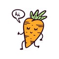 Cute vector doodle smiling funny groovy cartoon baby carrot happy character saying Hi. Vitamin positive vegetable