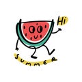 Cute vector doodle smiling funny groovy cartoon baby watermelon happy character saying Hi. Vitamin positive summer fruit Royalty Free Stock Photo