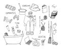 Cute vector drawn Doodle set about self-isolation, quarantine, Covid-19, stay at home, Hobbies and activities.Doodle icons, home e