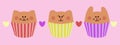 Cute vector food flat illustration. Little cat, bear and rabbit. Beautiful muffins.