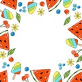 Cute vector frame with seasonal summer fruits, berries and ice cream