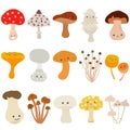 Cute vector of fungi mushroom with smily happy face. Colorful set of doodle illustration isolated on white background