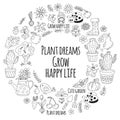 Cute vector garden with birds, cactus, plants, fruits, berries, gardening tools, rubberboots Garden market pattern in Royalty Free Stock Photo