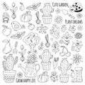 Cute vector garden with birds, cactus, plants, fruits, berries, gardening tools, rubberboots Garden market pattern in Royalty Free Stock Photo