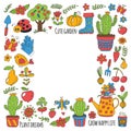 Cute vector garden with birds, cactus, plants, fruits, berries, gardening tools, rubberboots Garden market pattern in Royalty Free Stock Photo