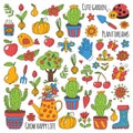 Cute vector garden with birds, cactus, plants, fruits, berries, gardening tools, rubberboots Garden market pattern in Royalty Free Stock Photo