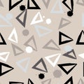 Cute vector geometric seamless pattern. Brush strokes.Triangles and blots. Hand drawn grunge texture. Abstract forms