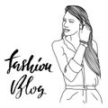 Cute vector girl illustration. Woman with long hair. Fashion blog modern brush lettering. Black and white sketch.