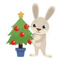 Cute vector hare decorates the Christmas tree with balls.