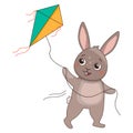 Cute vector hare is flying a kite.