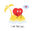 Cute vector heart character. Romantic Valentines Day design. Find your love. I miss you. I am waiting for you. Palm tree Royalty Free Stock Photo